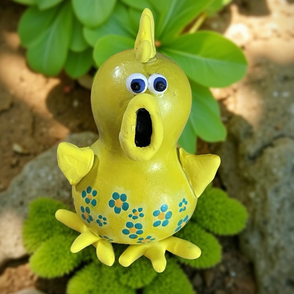 Handcrafted painted surprised yellow chick gourd air dry clay upcycle dot floral